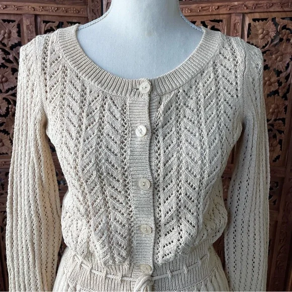 Vintage Adorable Cream Crochet Knit Button-Front Sweater with Drawstring Waist - Picture 2 of 7